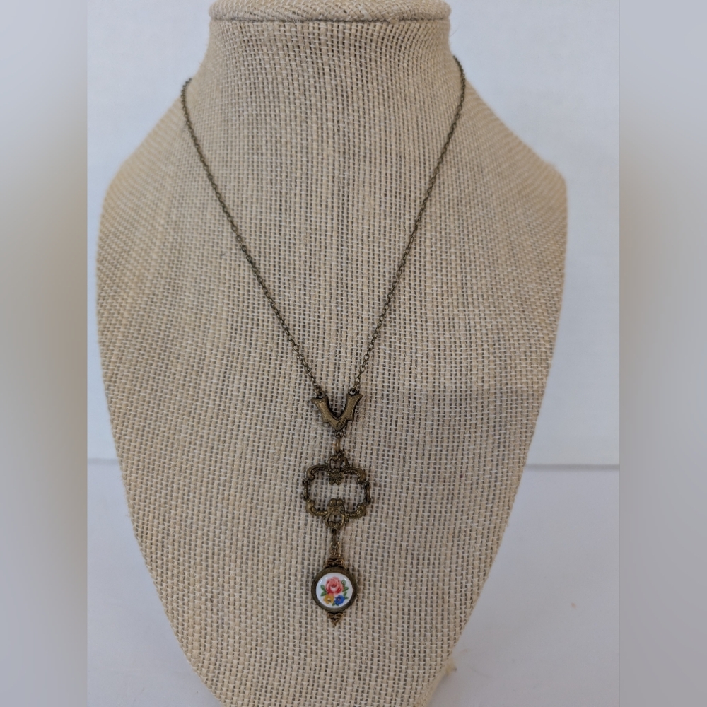 Estate Vintage Necklace Filigree Rose Floral Pendant Possibly 1930's.